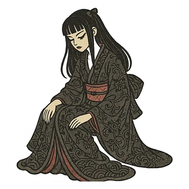 gothic girl, traditional Japanese print, gothic kimono, elegant pose, ukiyo-e style sticker