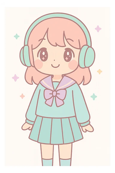 girl in a school uniform with headphones, standing, cheerful expression, modern anime style, clean background sticker
