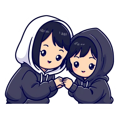 Two adorable Japanese girls with black hair wearing casual Western clothing like hoodies or blouses, their cheeks touching, kawaii style sticker