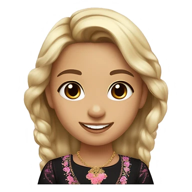 Slavic girl, light skin, brown eyes, black-to-blonde ombre straight tail, smiling with teeth, wearing beautiful dark blouse with a folk pattern of small pink flowers and gold necklace. sticker
