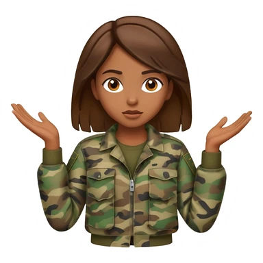 brown-skinned girl in camouflage, brown hair, shrugging sticker