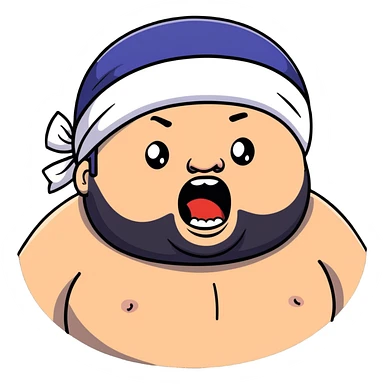 Super extreme tight close-up of just the face of morbidly obese white skin guy with young face, prominent BLACK DURAG tied clearly on head, black beard but no mustache, clean shaven upper lip, black eyes, mouth wide open screaming angrily sticker