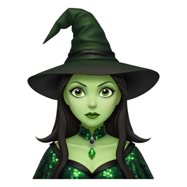 The Wicked Witch from The Land of Oz with green skin, long dark brown hair, black sequin outfit sticker