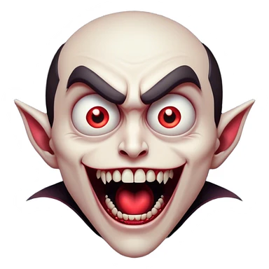 Cinematic Comical Vampire Portrait Emoji, with a sharply stylized, slightly caricatured pale face accented with exaggerated fangs and overly dramatic wide eyes filled with comic shock, head tilted in a hilariously startled pose, simplified yet amusingly detailed, glowing with a soft mysterious glow and a playful outline capturing the quirky humor of a vampire in disbelief! sticker