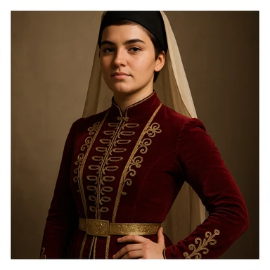 Chechen girl, 20 years old, short brown hair, in a classic Chechen outfit, confident and proud sticker