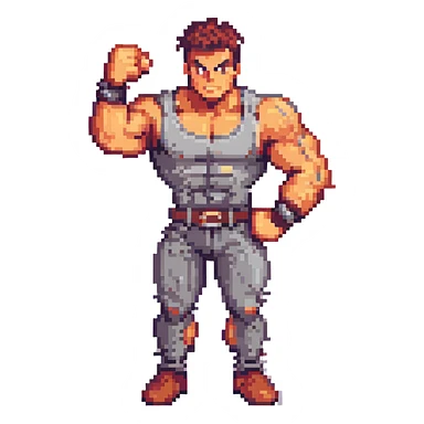 a tough brawler character, muscular, ready to fight, in a dynamic pose, pixel art style sticker