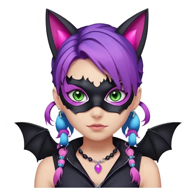 Girl with green eyes, wearing a bat mask with pink stones around her eyes, her hair tied in a ponytail, the hair is purple with blue and pink streaks, with black cat ears with pink stones around, wearing a black shirt that covers the neck, and a sleeveless blue jacket, and a necklace of pink stones sticker