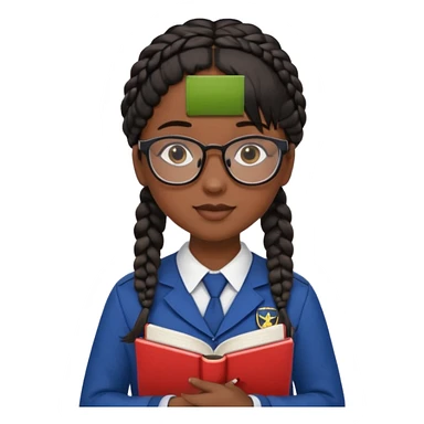 Girl student wearing uniform, glasses, hold book in front of their chest, black braided hair, dark skin sticker