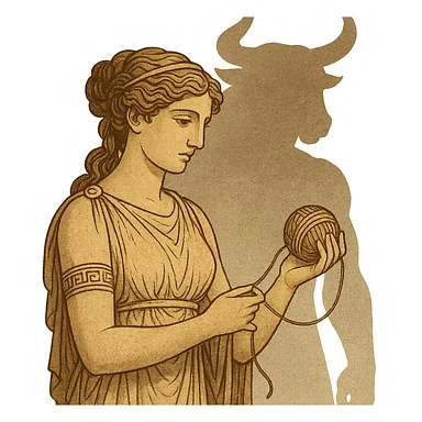 Ariadne, Greek princess, holding thread, with a subtle Minotaur silhouette behind her, ancient myth style sticker
