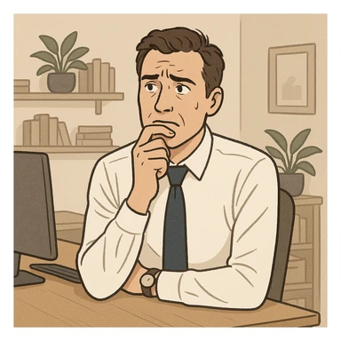 a man hesitating with a decision, looking stressed, business attire, expressive face, home office background, suitable for branding sticker