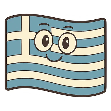 flag of Greece, rectangular, blue and white stripes with a blue square and white cross in the top left corner, flat and simple design sticker