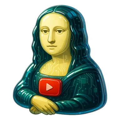 Mona Lisa with a calm or blank expression, no grin or sarcasm, red YouTube play button, glossy circuit style sticker