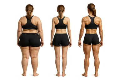 fai una donna di spalle in gym shorts leggermente sovrappeso e con cellulite e accanto una seconda donna di spalle magra (che è dimagrita post dieta) e accanto una terza donna in forma allenata e con le giuste proporzioni, l'immagine deve rappresentare il processo: da donna grassa, a donna piatta e magra, a donna allenata e in forma con i giusti muscoli, iperrealistico 4k sticker