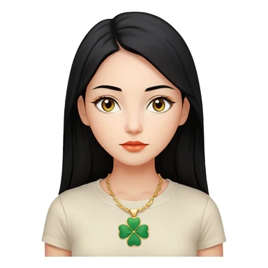 calm woman with long straight black hair parted in the middle, light glowing skin, almond eyes, full coral lips, white fitted t-shirt, gold four-leaf clover necklace, neutral expression, looking at viewer sticker