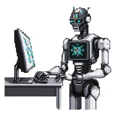 AI robot analyzing computer data sticker