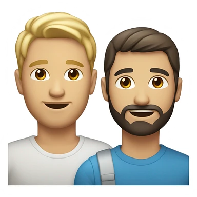 Gay male couple. One has blond hair and blue eyes and no facial hair. The other guy has dark hair and brown eyes and a beard sticker