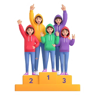 three people in jeans and hoodies on a winners podium labeled 2, 1, 3 left to right, center person on 1 step holding up one finger on each hand, bright, cheerful, expressive, 3D emoji illustration sticker