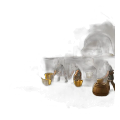 open floor plan of a medieval mint showing different people working, one person on the furnace, some people molding liquid gold into coins sticker