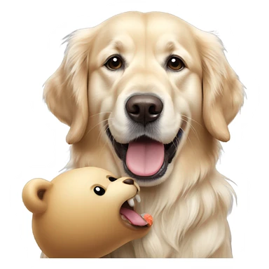 English cream golden retriever holding bear toy in mouth sticker