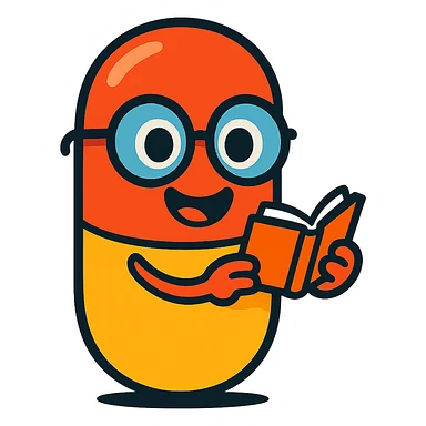 A smiling capsule pill with big round glasses, holding a tiny open book, cartoon style, vibrant colors, pill is red and yellow sticker