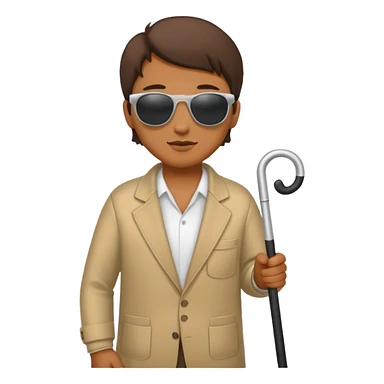 A blind person wearing sunglasses and holding a guide cane sticker