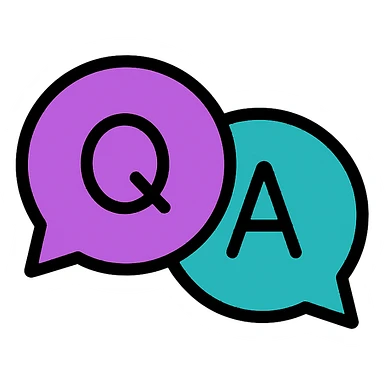 two chat box bubbles, one purple with a Q and one teal with an A, overlapping or side by side, modern icon style, clean and friendly sticker