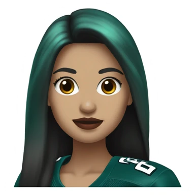 White female long dark hair red lips wearing Philadelphia Eagles jersey sticker