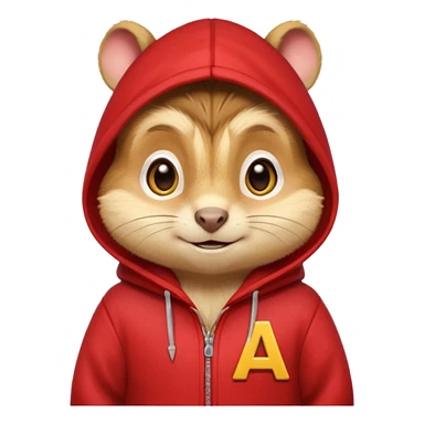 Portrait of a cartoon chipmunk with light brown and beige fur, wearing a red hoodie with a yellow 'A' on it, big round eyes, small nose, and a mischievous grin, front-facing, stylized in animated movie style sticker