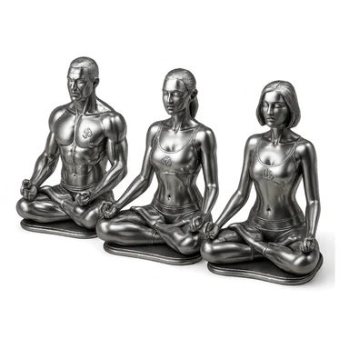 three stylized chrome statues, men and women, meditating in the lotus position, futuristic and polished sticker
