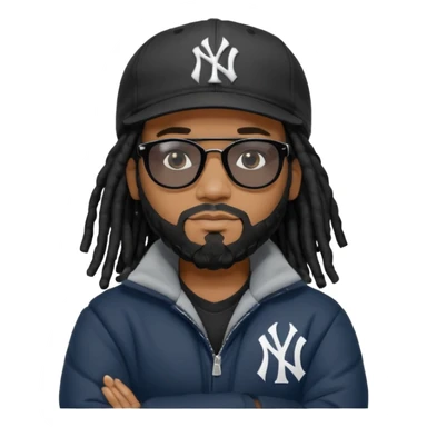 African American man with shoulder length black dreadlocks and black beard wearing black sunglasses with a New York Yankees baseball cap wearing a black bubble winter coat with arms folded sticker