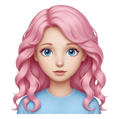 a girl with blue eyes, long pastel pink wavy hair, subtle clean makeup sticker