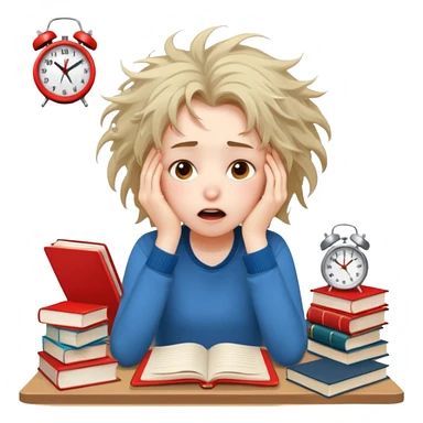 A student girl is sitting in a panic and chaos. On the table, there are a bunch of books, notebooks, and a phone with a red alarm clock on the screen. sticker