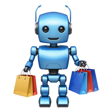 black friday robot with blue and metalic colours with bags in his hands smiling sticker