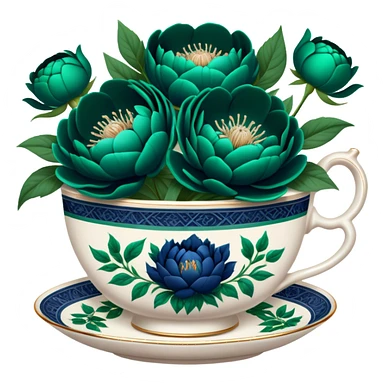 A charming composition of a vintage teacup with an intricate emerald green design, placed beside a bouquet of navy blue peonies. sticker