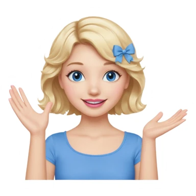 Girl Blonde short wavy hair,  blue eyes, cute blue top, long lashes, pink lips, smiling, one hand in the air sticker