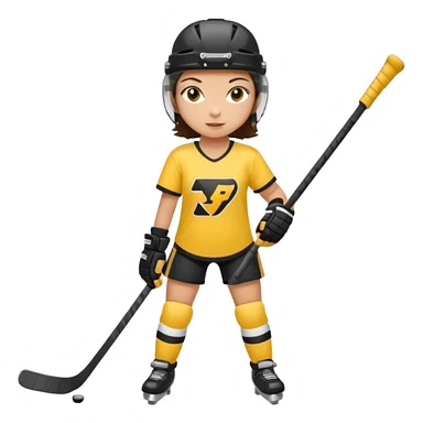 Girl hockey player with yellow and black jersey full body brunette with helmet sticker
