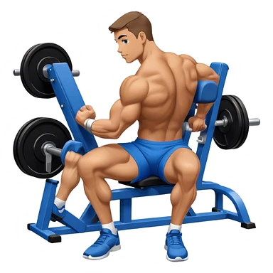 side-view bodybuilder in blue shorts seated weighted calf-raise machine on his tip toes sticker