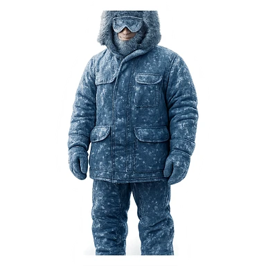 a scientist bundled up in extreme cold weather gear, wearing goggles, thick parka, gloves, and snow boots, only face partially visible, standing in snow sticker