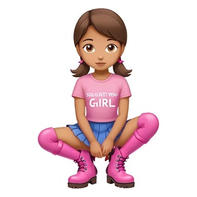  top and skirt with pink inscription “girl”  squatting in pink boots sticker