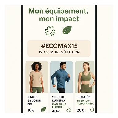 vertical mobile interface mockup for Decathlon, clean style, integrated slogan 'Mon équipement, mon impact', sustainable sports clothing presented in cards, eco-responsible pictograms (recycling, leaves), promo banner #Ecomax15, natural colors (greens, beige, light blue), sporty and committed ambiance sticker