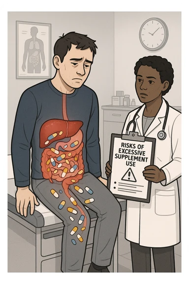 a man sits on a doctor’s examination table, looking fatigued and uncomfortable. A transparent anatomical overlay reveals his liver and intestines, both appearing inflamed and congested, with stylized supplement capsules and pills scattered throughout the digestive tract. The doctor stands nearby, holding a chart that highlights the risks of excessive supplement use. The mood is clinical and educational. sticker