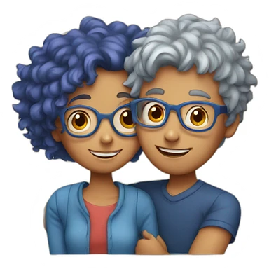 a girl with red curly hair and blue glasses hugging a boy with gray hair sticker