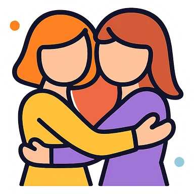 Add gentle color accents to the icon of two women embracing, keep the style minimal and background transparent. sticker