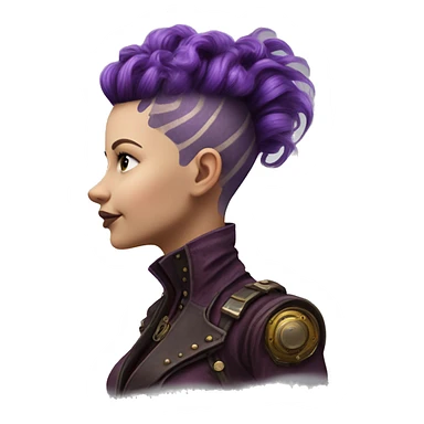Photorealistic steampunk profile short mohawk purple wavy  on Caucasian girl with small nose round face sticker