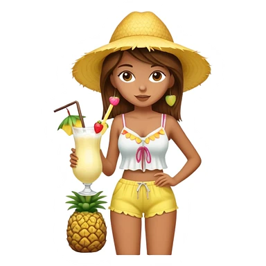 Full body of a very tan skinned girl with brown hair wearing a summer outfit sipping a piña colada sticker