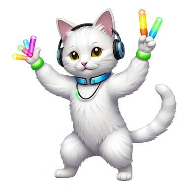 cat dancing with headphones, glow sticks, college party atmosphere sticker