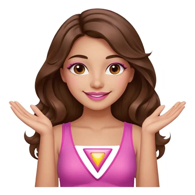 girl with long wavy brown hair, brown eyes, long lashes, sexy pink lips, light to medium complexion, wearing a pink sexy top, smiling, hands together in a tryangle sticker