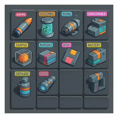 a virtual display, a gray grid with darker gray cells, each cell containing an item viewed in isometric minimalism render The cells have pastel neon colored labels in their upper corner, indicating various traits of the items. retrofuturism, circa 2880's.
The items are scientific and military in nature - varieties of munitions, scientific samples, rations, data storage, utilities. There are two arrays of grids, one left, one right. Each array has a few empty spaces at the bottom. "CAD RENDERED PHOTOREALISM" brutalism. the items are adorned in a combination of  bright colors, neon-safety, early 90's pallet, with muted gray tones in EVEN BALANCE. sticker