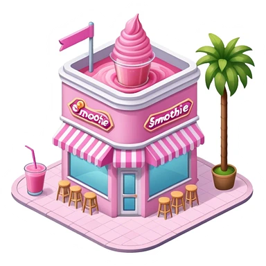 Pink aesthetic smoothie shop exterior, isometric  sticker