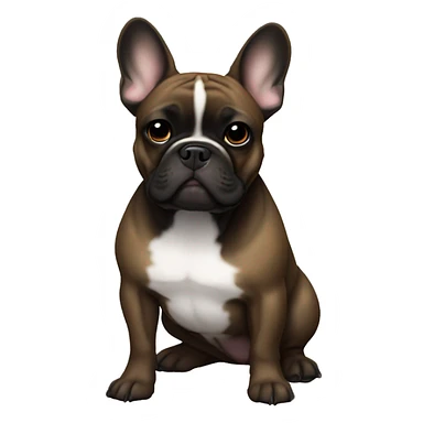 A French bulldog with a black head, brown eyes and a white breast sticker